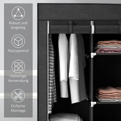 HOMCOM Schrank aus Stoff, Aufbewahrungslösung, 8 Regale, 2 Kleiderstangen, Schwarz