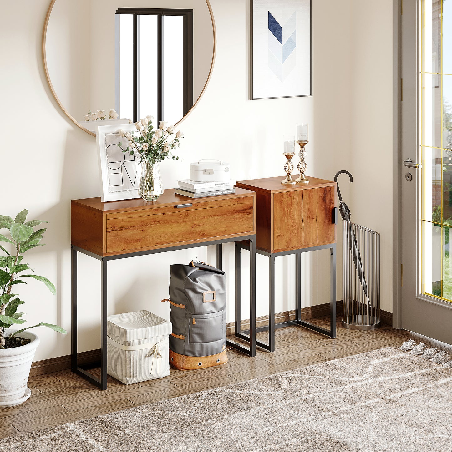 HOMCOM Konsolentisch im Industriedesign, Beistelltisch, Sideboard, 1 Schublade, Braun + Schwarz