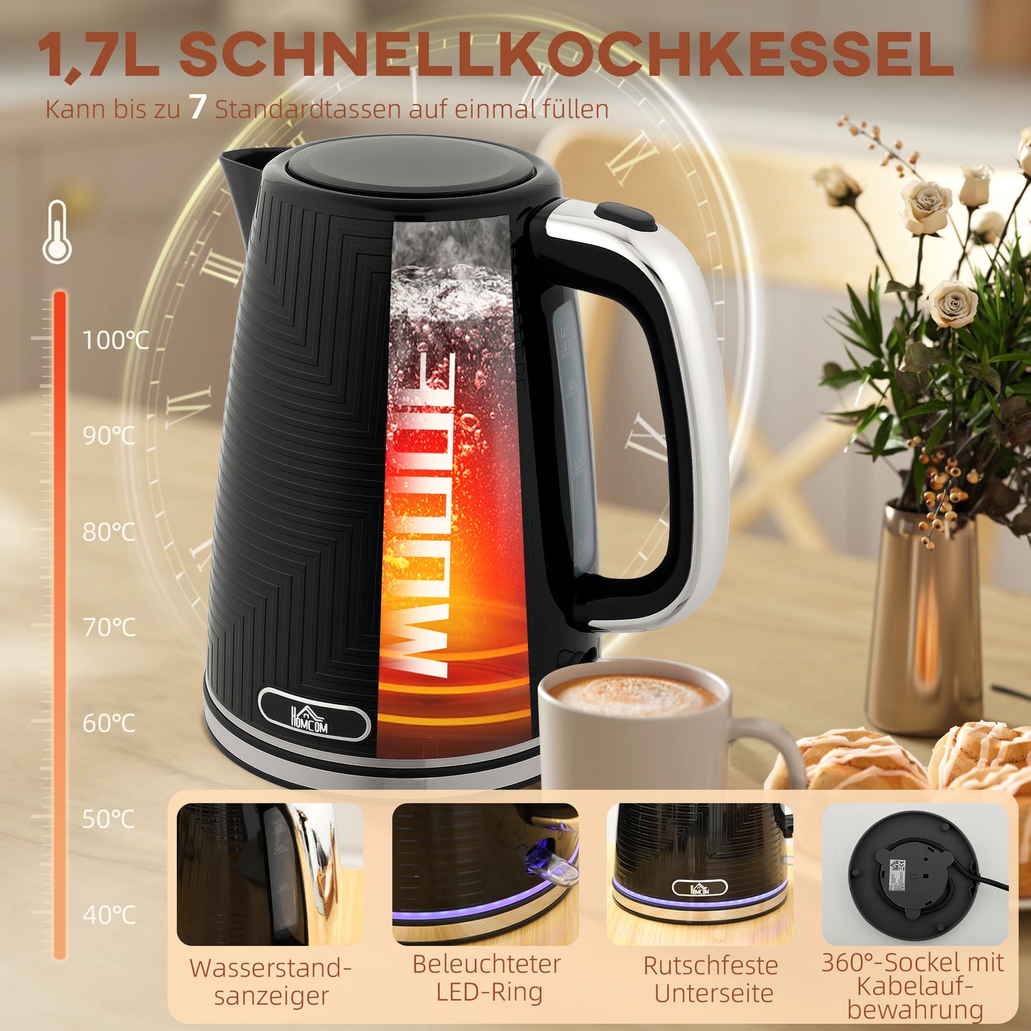 HOMCOM Wasserkocher- und Toaster-Set, 2200W, Otter-Thermostat, 2-Schlitz-Toaster, 7 Bräunungsstufen, Krümelfach, Schwarz