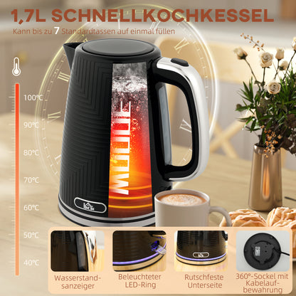 HOMCOM Wasserkocher- und Toaster-Set, 2200W, Otter-Thermostat, 2-Schlitz-Toaster, 7 Bräunungsstufen, Krümelfach, Schwarz