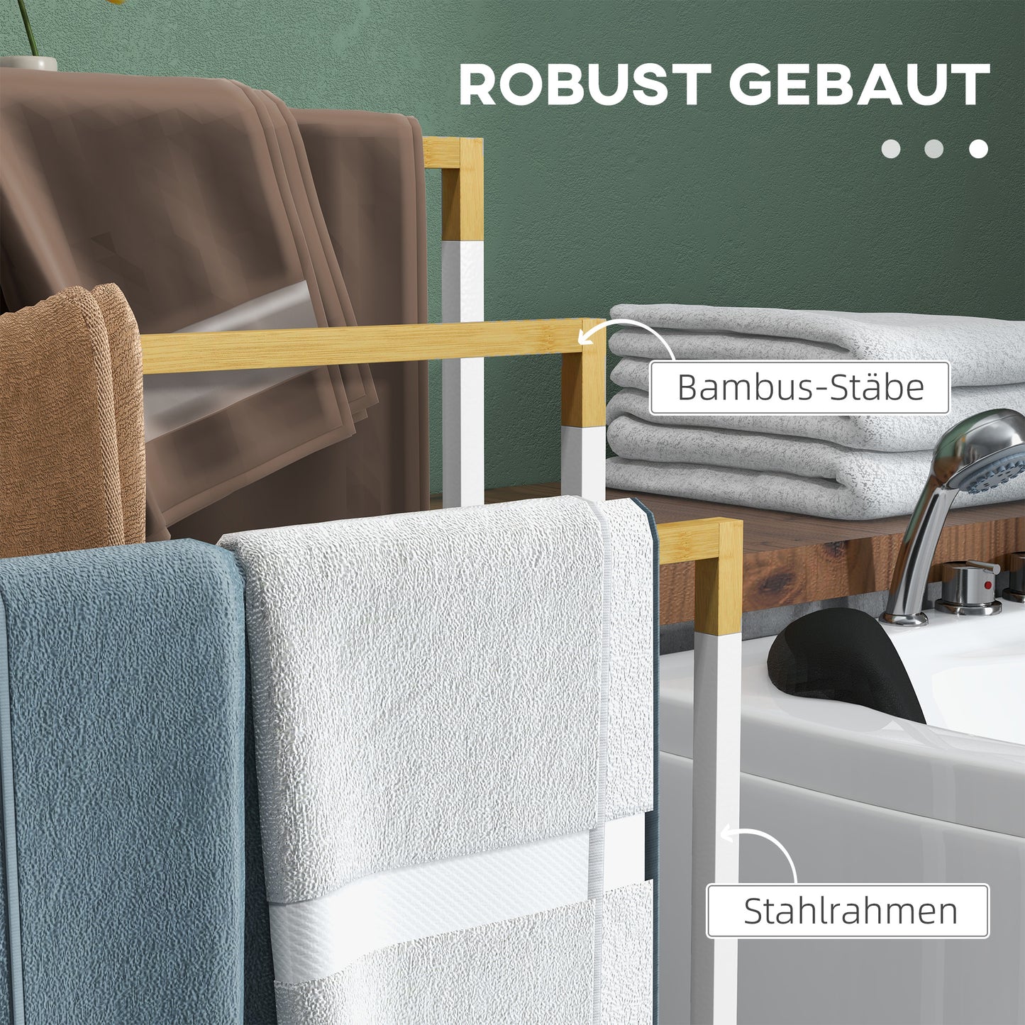 kleankin Handtuchhalter Handtuchalter-Set 3 Handtuchstangen, Industriedesign, Bambus, 45 x 22,5 x 86 cm, Weiß + Natur