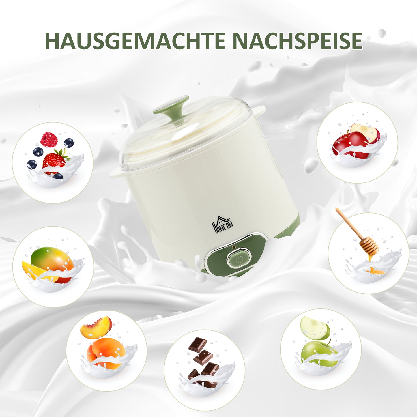 HOMCOM Joghurtbereiter, 1,5 L Joghurtmaschine mit 2 Gläsern, Sieb, Deckel, 20 W Joghurt-Maker für griechischen Joghurt, für 3–5 Personen, 19,5x17,5x21,4 cm, Weiß