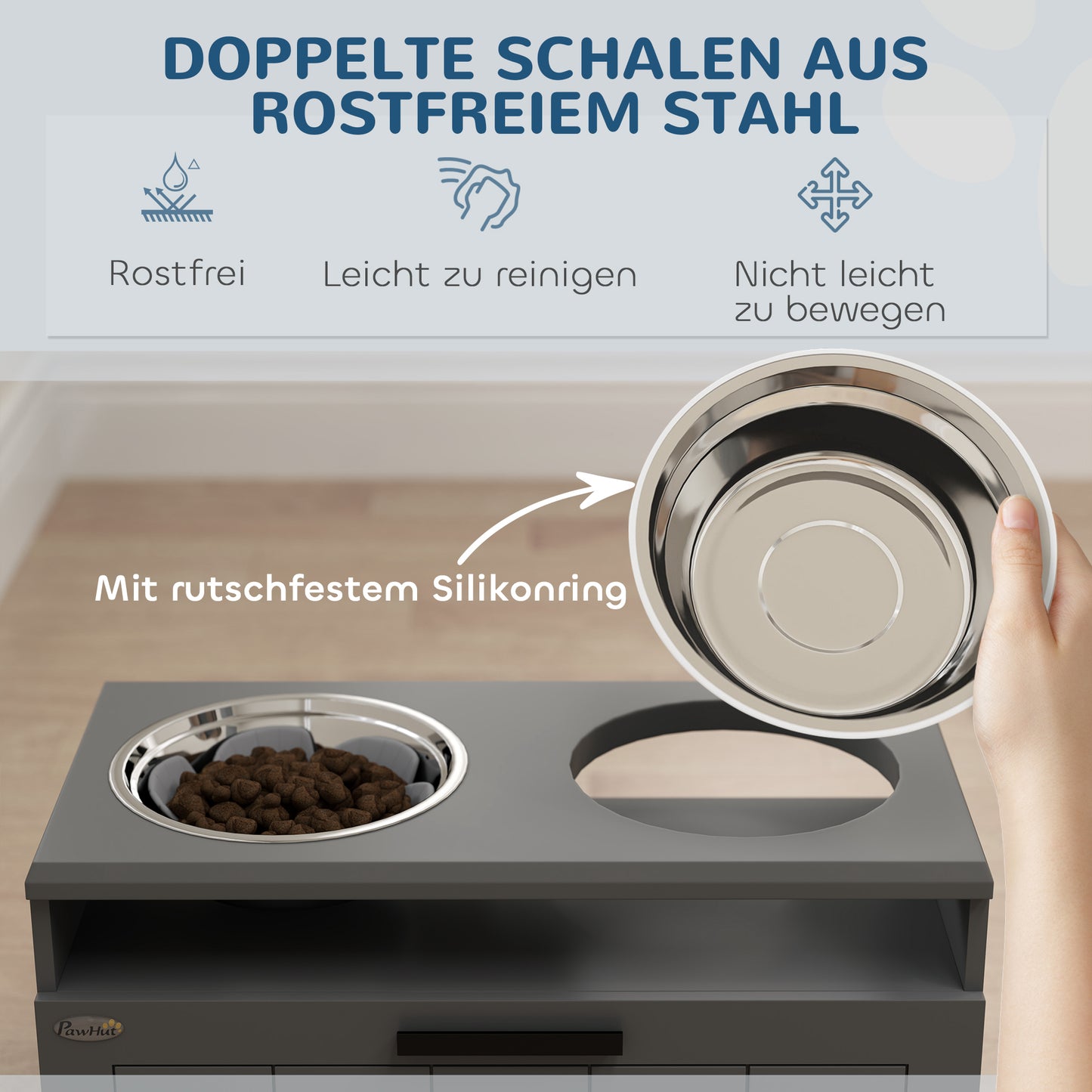 PawHut Futterstation für große Hunde, mit 2 Edelstahlnäpfen, Schublade, Futterspender für Haustiere, MDF, Stahl, Grau