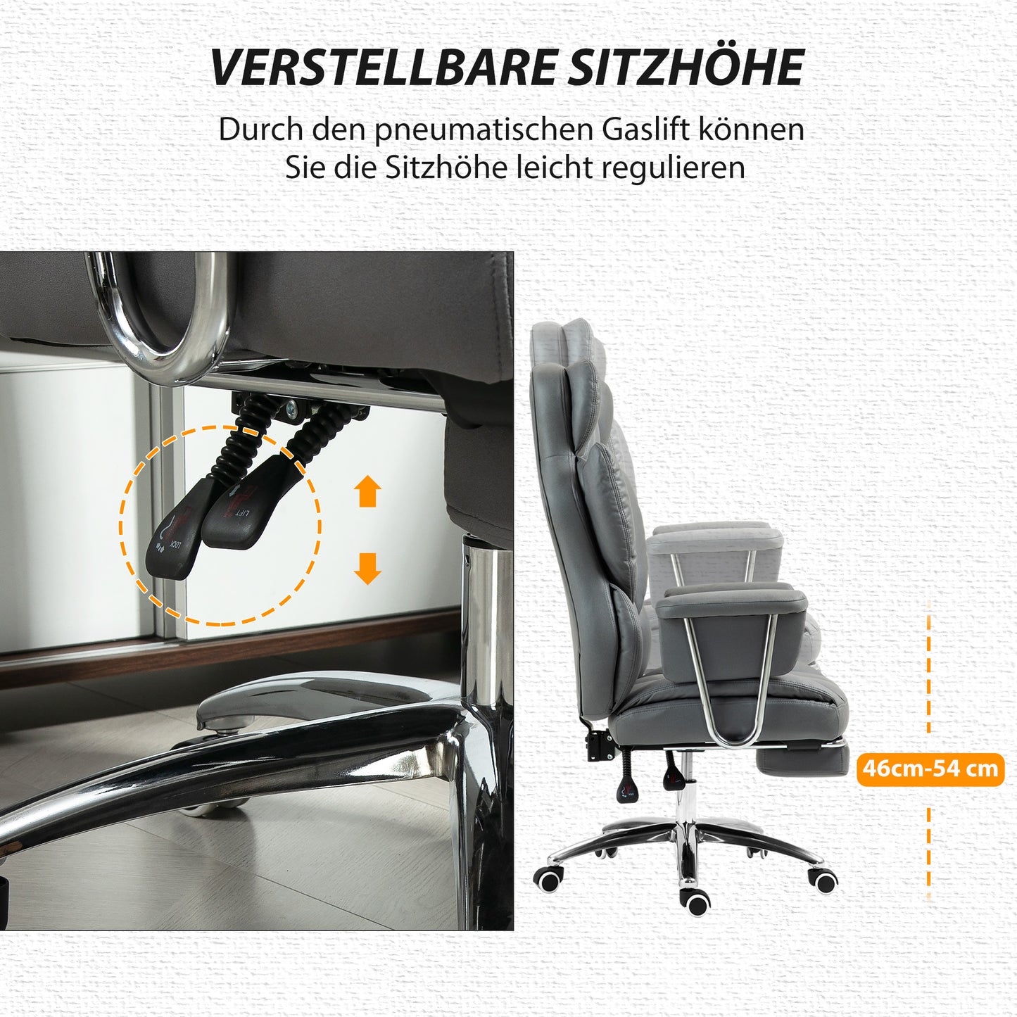 HOMCOM Ergonomischer Bürostuhl, gepolstert, mit Fußstütze, verstellbarer Lehne, 360° drehbar, Dunkelgrau