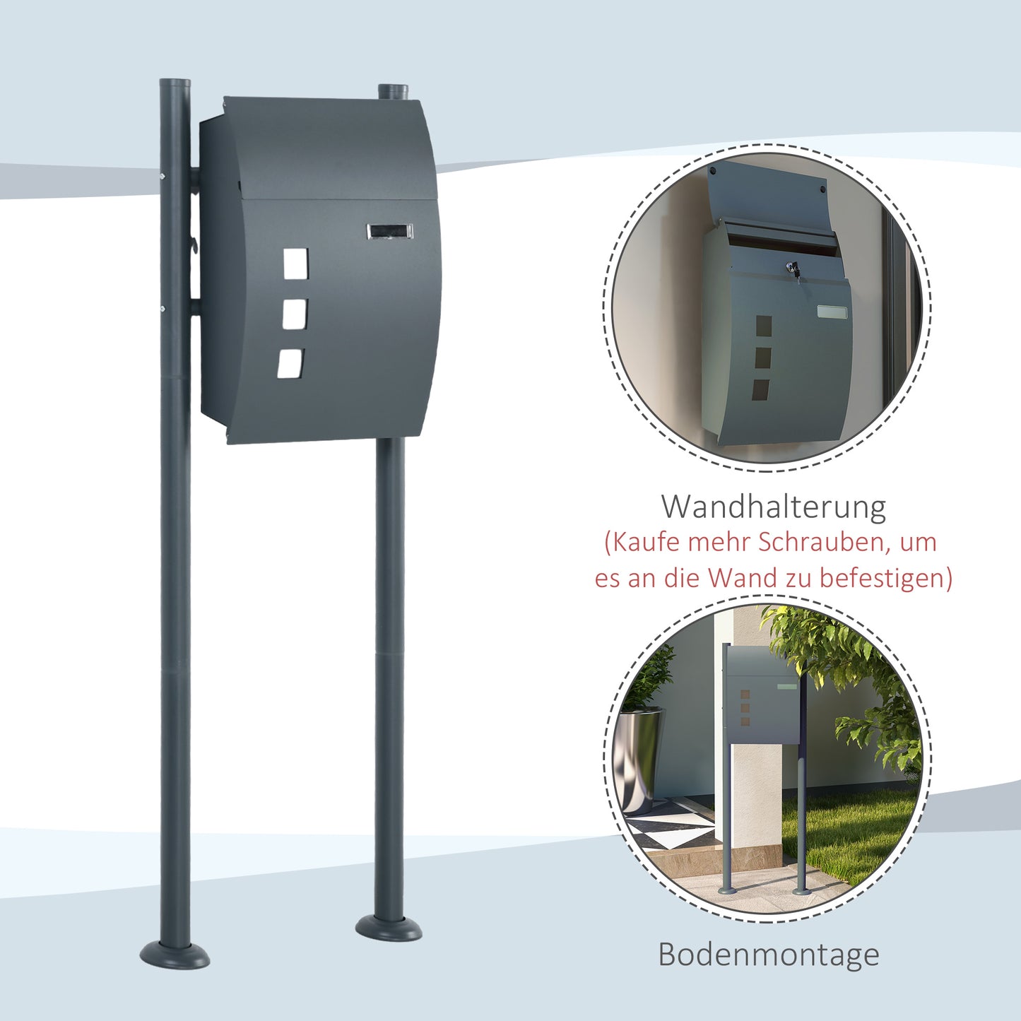 HOMCOM Briefkasten Postkasten, Verriegelung, Standbriefkasten, 2 Schlüssel, Stahl, 44 cm x 15 cm x 114 cm, Grau