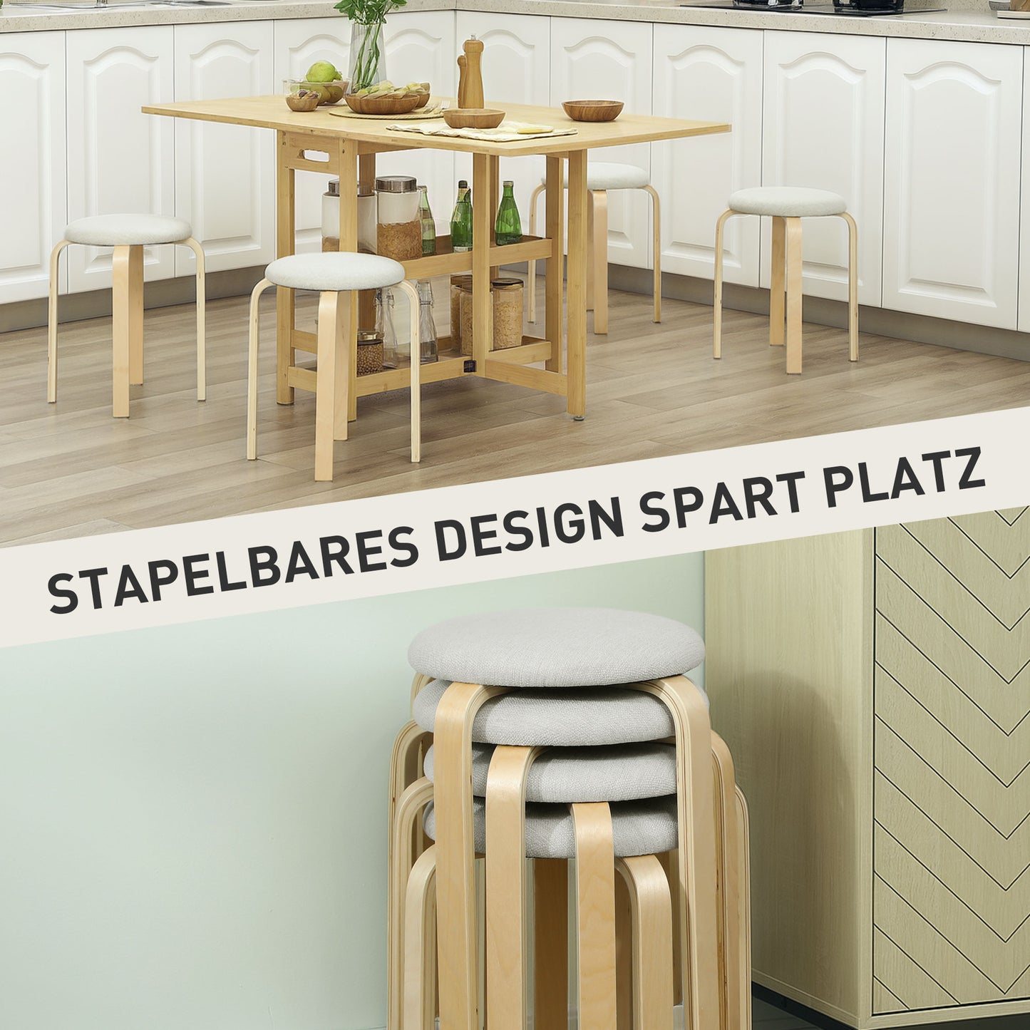 HOMCOM Polsterhocker im 4er-Set, stapelbar, lackierte Oberfläche, Holzbeine, Cremeweiß