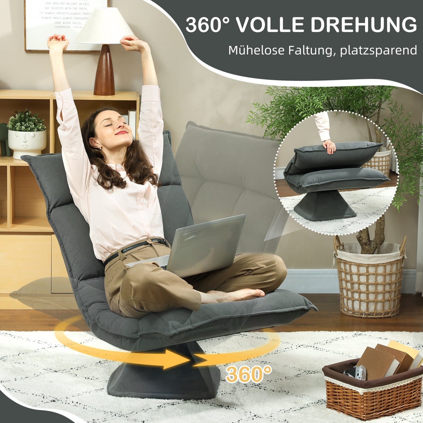 HOMCOM Bodensessel mit 5-fach verstellbarer Rückenlehne, drehbar, moderner Polsterstuhl, Dunkelgrau