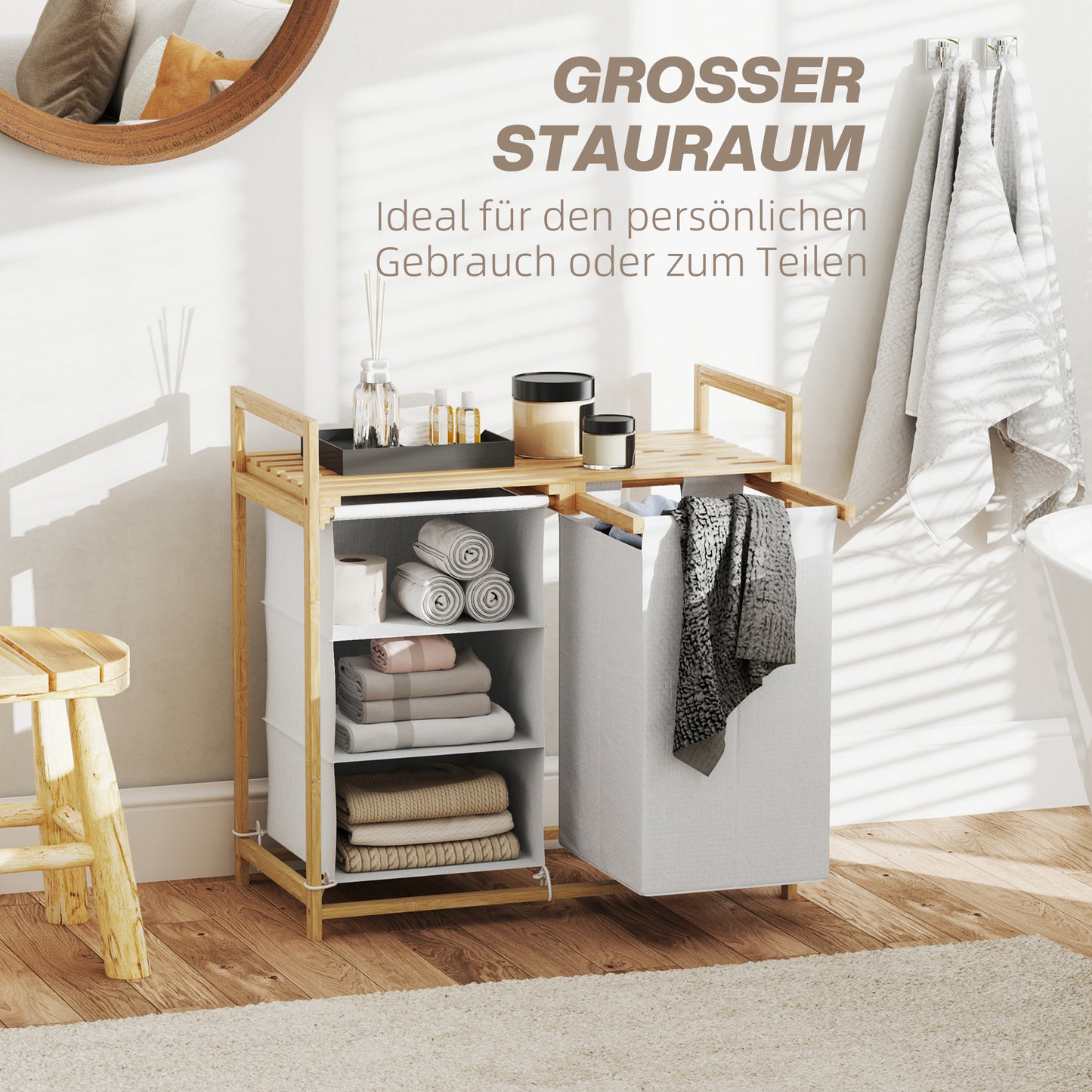 HOMCOM Wäschekorb mit Wäschesack, Stoffschublade, Bambus, 70x36x70 cm, Weiß/Holz