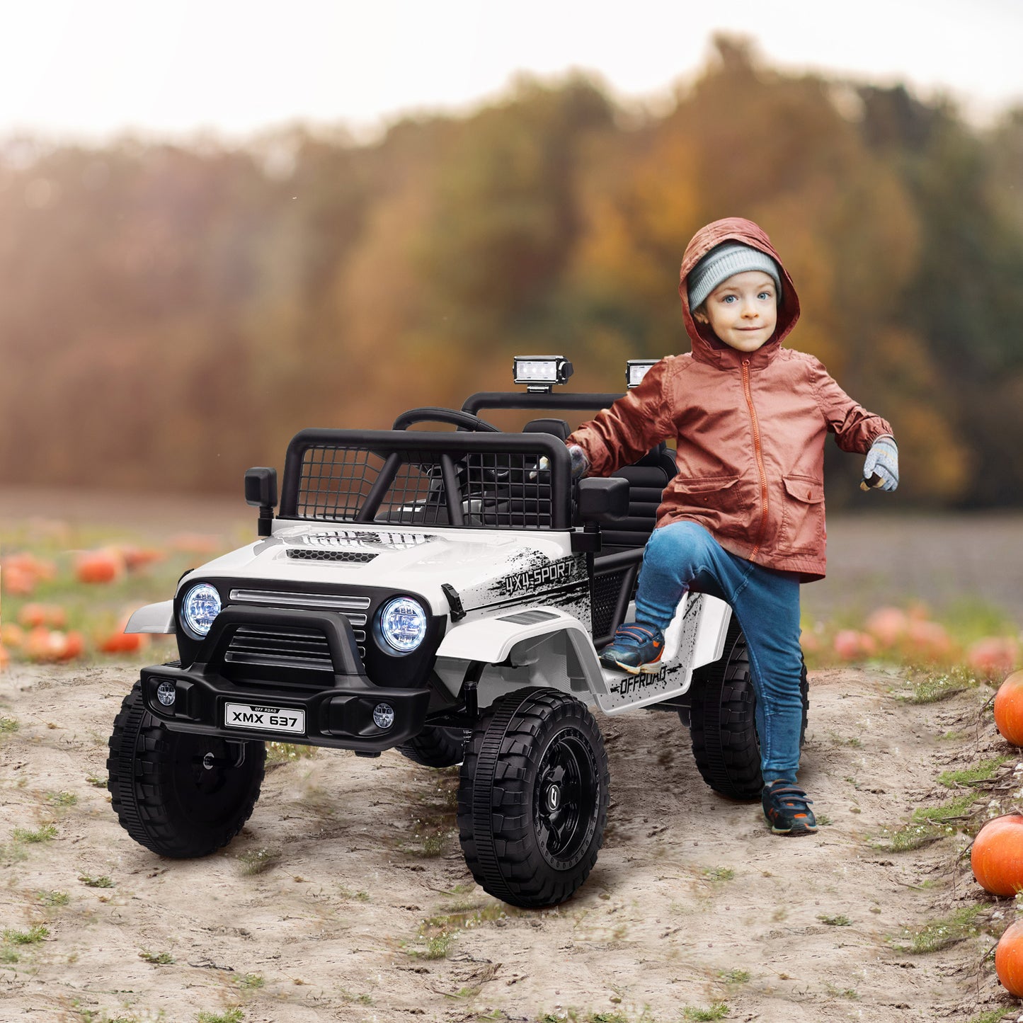 AIYAPLAY Kinder-Elektroauto mit sanfter Federung, fernsteuerbar, LED-Lichter, Hupe, 12V-Motoren, aus Kunststoff und Metall, Weiß