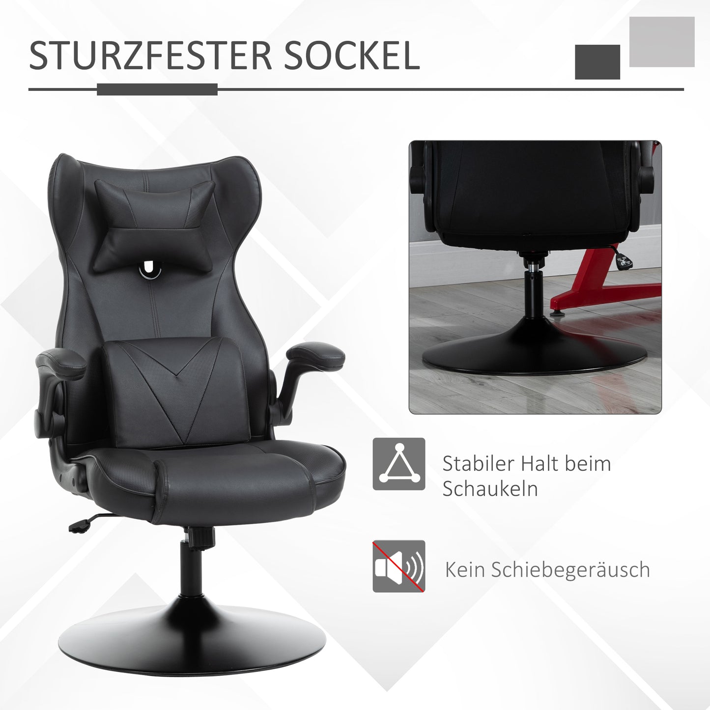 Vinsetto Gaming-Stuhl, Wippfunktion, Lendenkissen, höhenverstellbar, Kunstleder, 67x71x112 cm, Schwarz