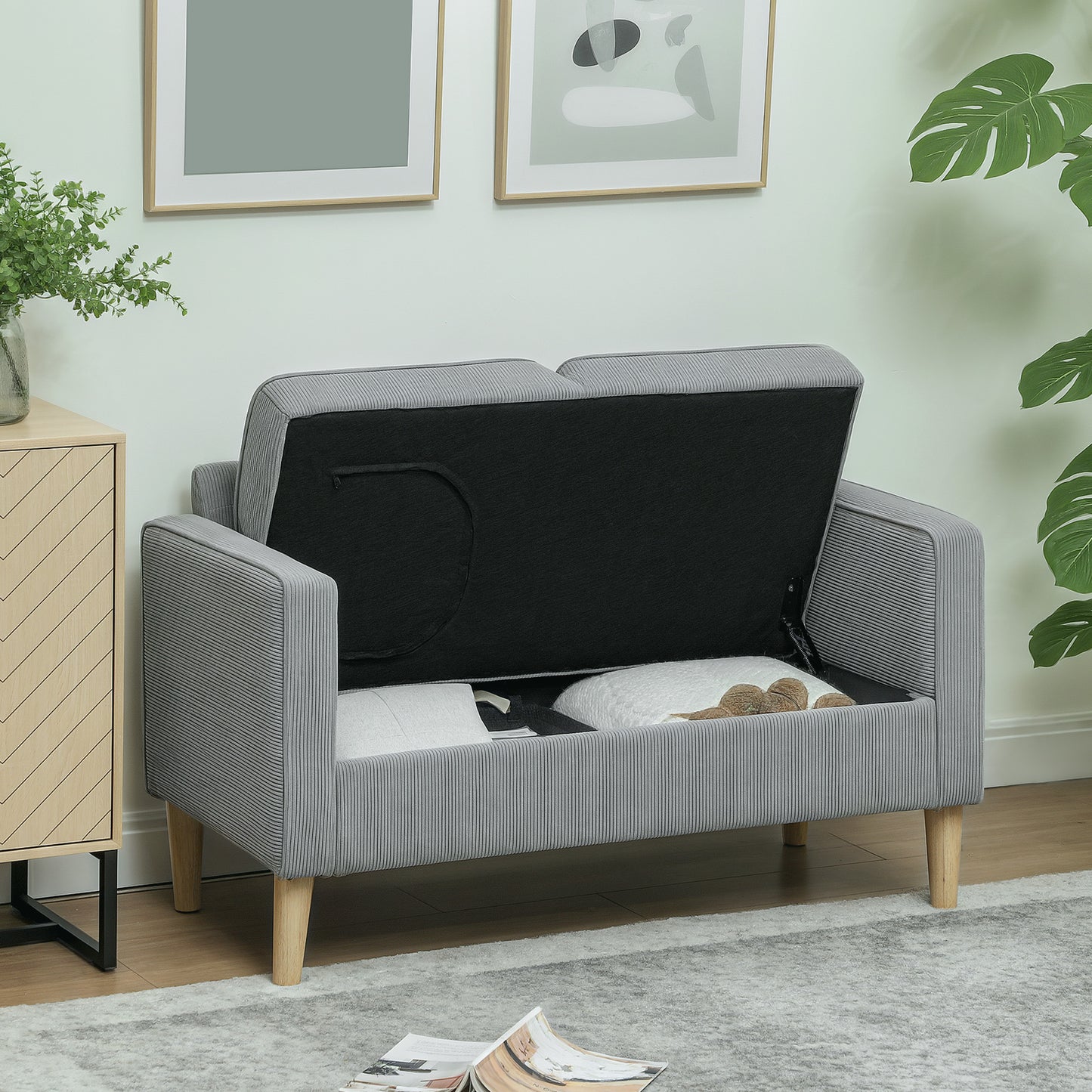 HOMCOM Zweisitzer-Sofa mit Stauraum und soliden Holzbeinen, für Wohnzimmer, Schlafzimmer, 117 x 63 x 79 cm, Hellgrau