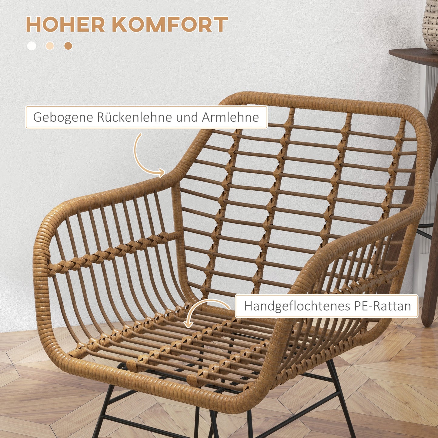 HOMCOM 2-er-Set Stühle im Boho-Stil, Küchenstühle, PE-Rattan, 56 x 60 x 79 cm, Natur + Schwarz