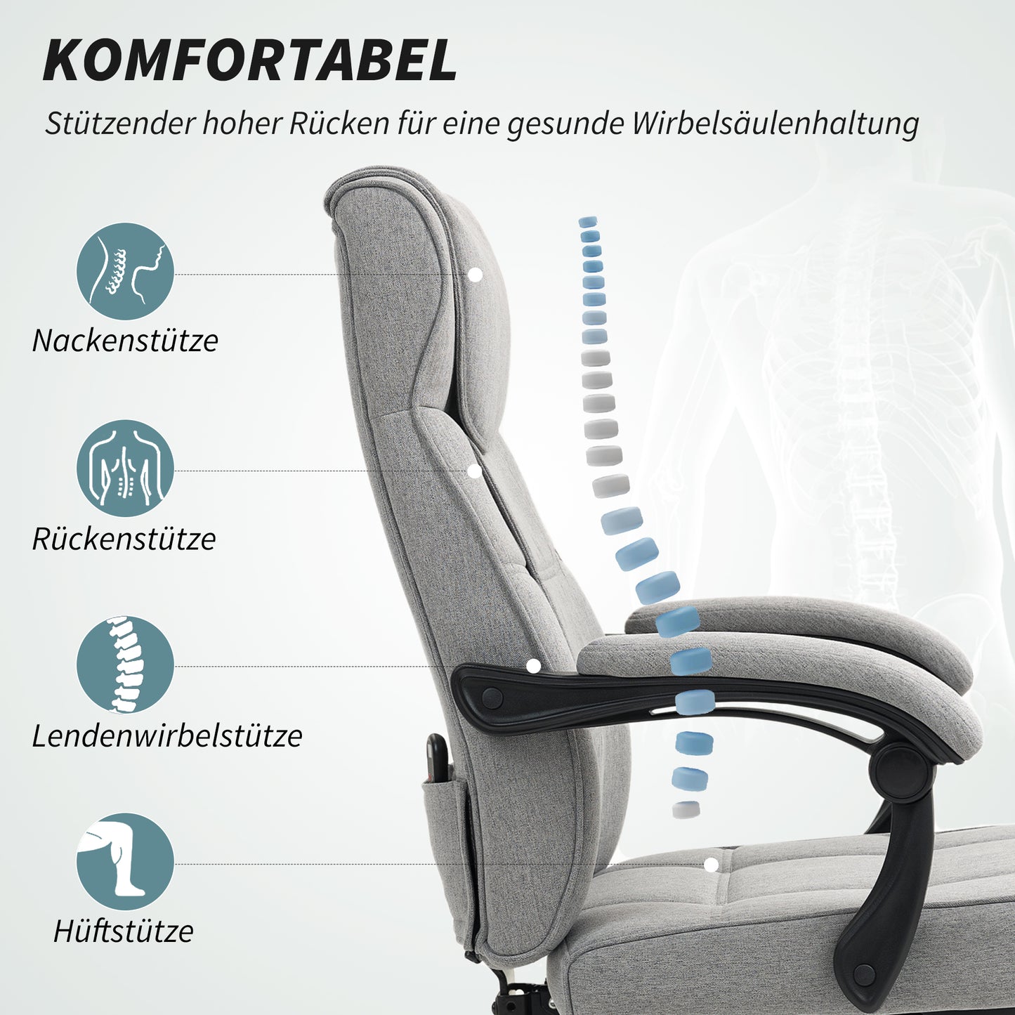 HOMCOM Bürostuhl mit Massagefunktion Ergonomischer Chefsessel mit Liegefunktion Fußstütze Grau