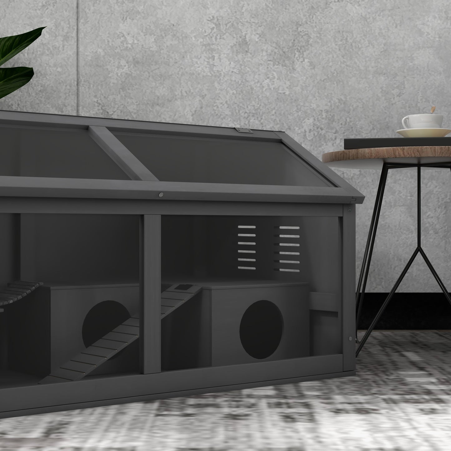 PawHut Hamsterkäfig, Kleintierkäfig aus Holz, Hängebrücke, Leitern, Hütte, 84 x 45 x 44 cm, för Zwerghamster, Grau