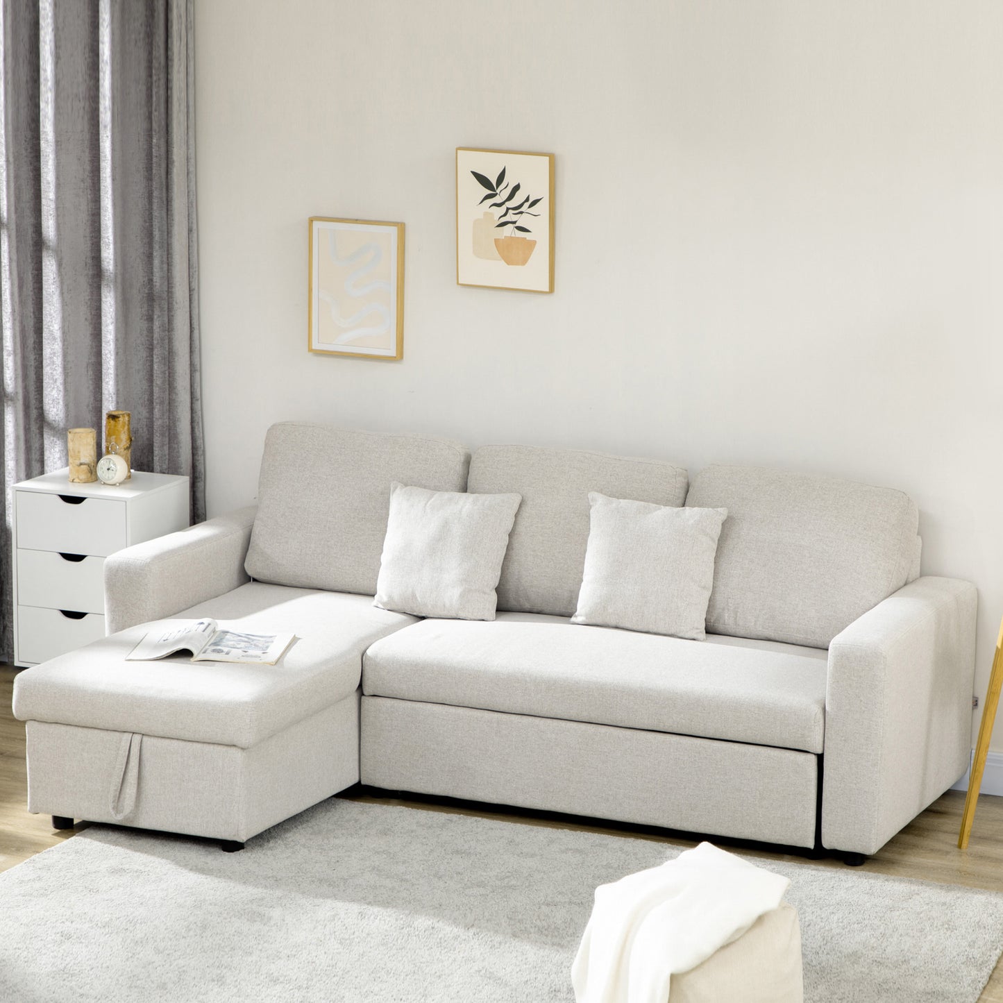 HOMCOM Ecksofa mit Bettfunktion, Eckcouch inklusive 2er-Sitz Sofa, Einzelbett, L-Form mit Stauraum, 2 Kissen Cremeweiß
