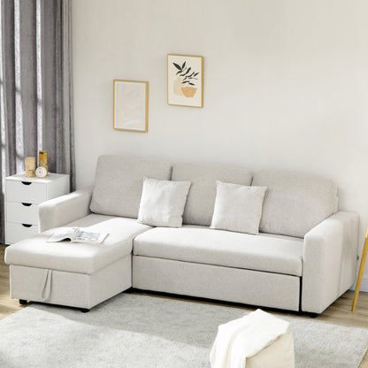 HOMCOM Ecksofa mit Bettfunktion, Eckcouch inklusive 2er-Sitz Sofa, Einzelbett, L-Form mit Stauraum, 2 Kissen Cremeweiß