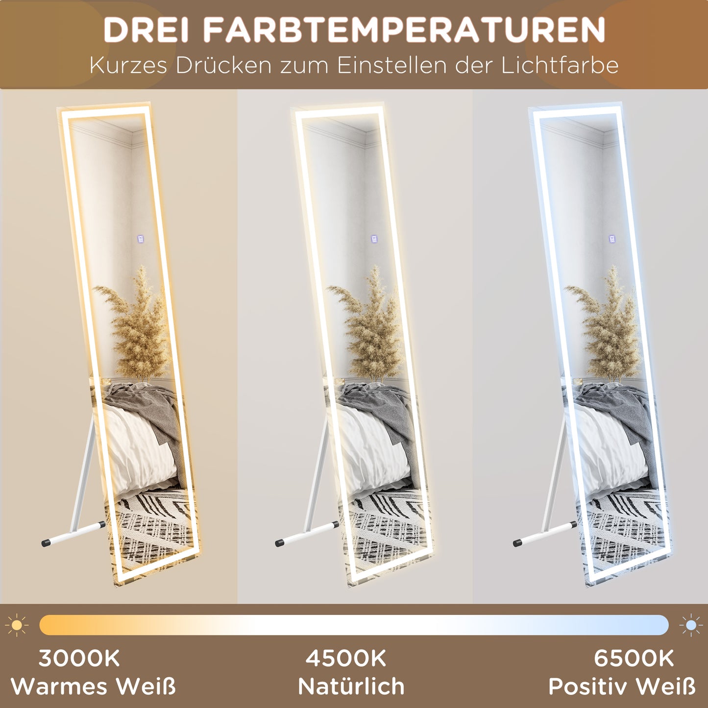 HOMCOM Standspiegel Wandspiegel Ganzköprerspiegel, mit LED´s, 40 cm x 150 cm, Weiß + Silber