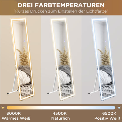 HOMCOM Standspiegel Wandspiegel Ganzköprerspiegel, mit LED´s, 40 cm x 150 cm, Weiß + Silber