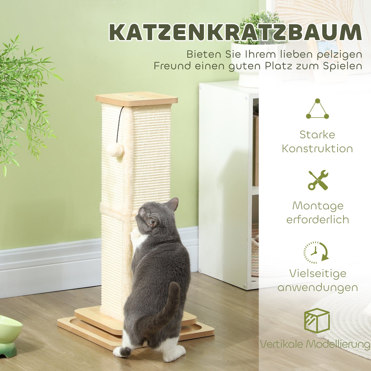 PawHut 3-i-1-Kratzbaum med Spielschiene, Spielball, Sisal, bis 5 kg, 34 x 34 x 67 cm, Eiche/Creme