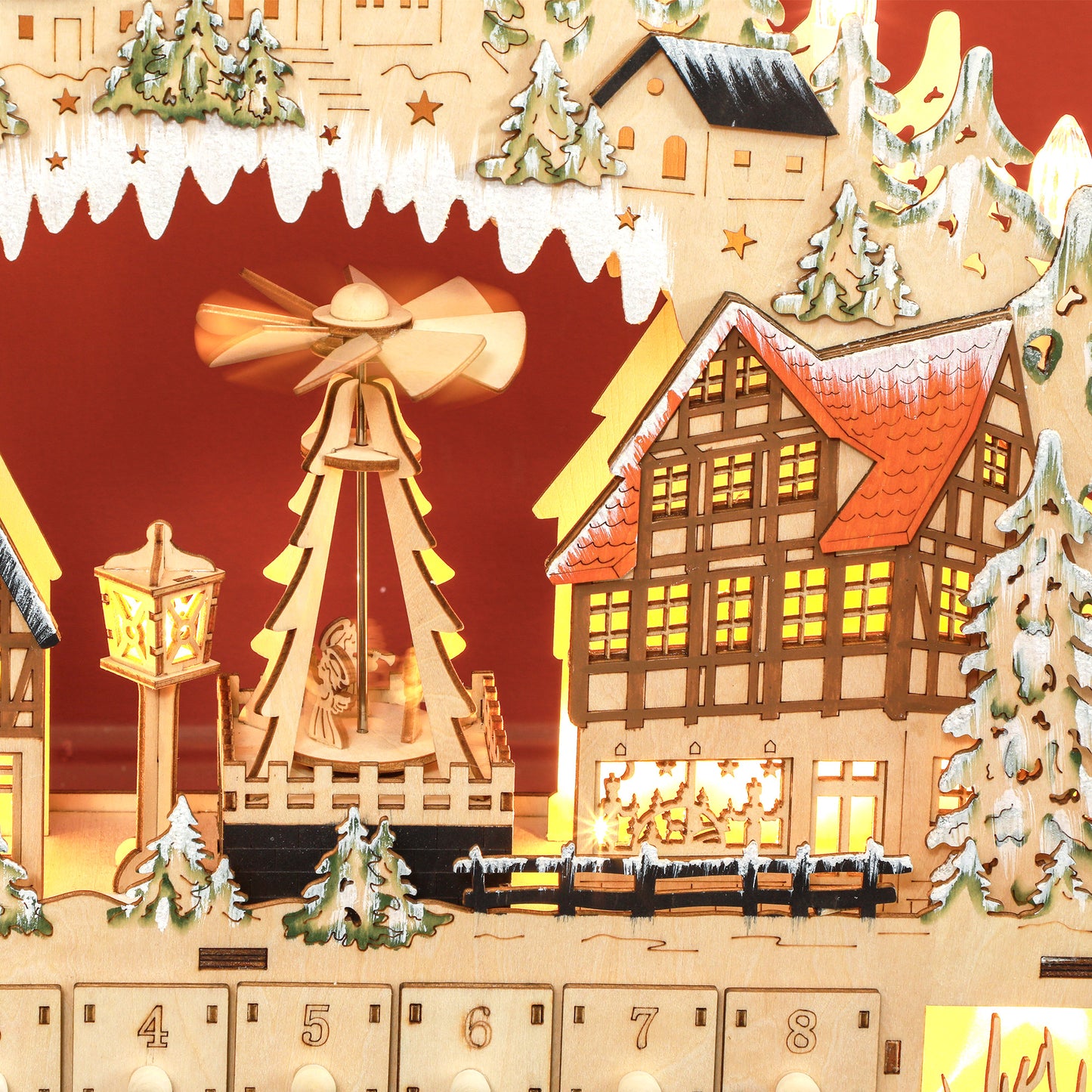 HOMCOM Adventskalender, Weihnachtsdorf, 18 LEDs, 24 Schubladen, wiederverwendbar, 45 x 9 x 42,5 cm