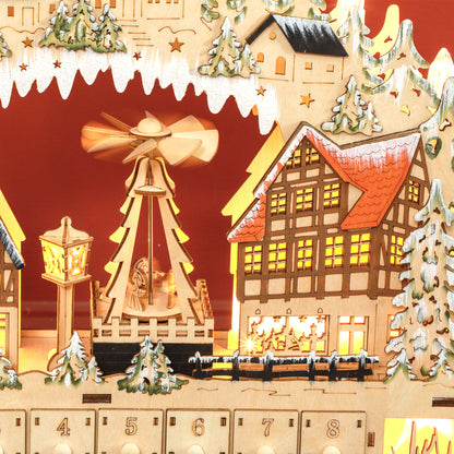 HOMCOM Adventskalender, Weihnachtsdorf, 18 LEDs, 24 Schubladen, wiederverwendbar, 45 x 9 x 42,5 cm
