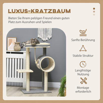 PawHut Kratzbaum Katzenbaum, 1 Katzenhöhle, 2 Liegeflächen, 60 cm x 40 cm x 104 cm, Grau + Natur