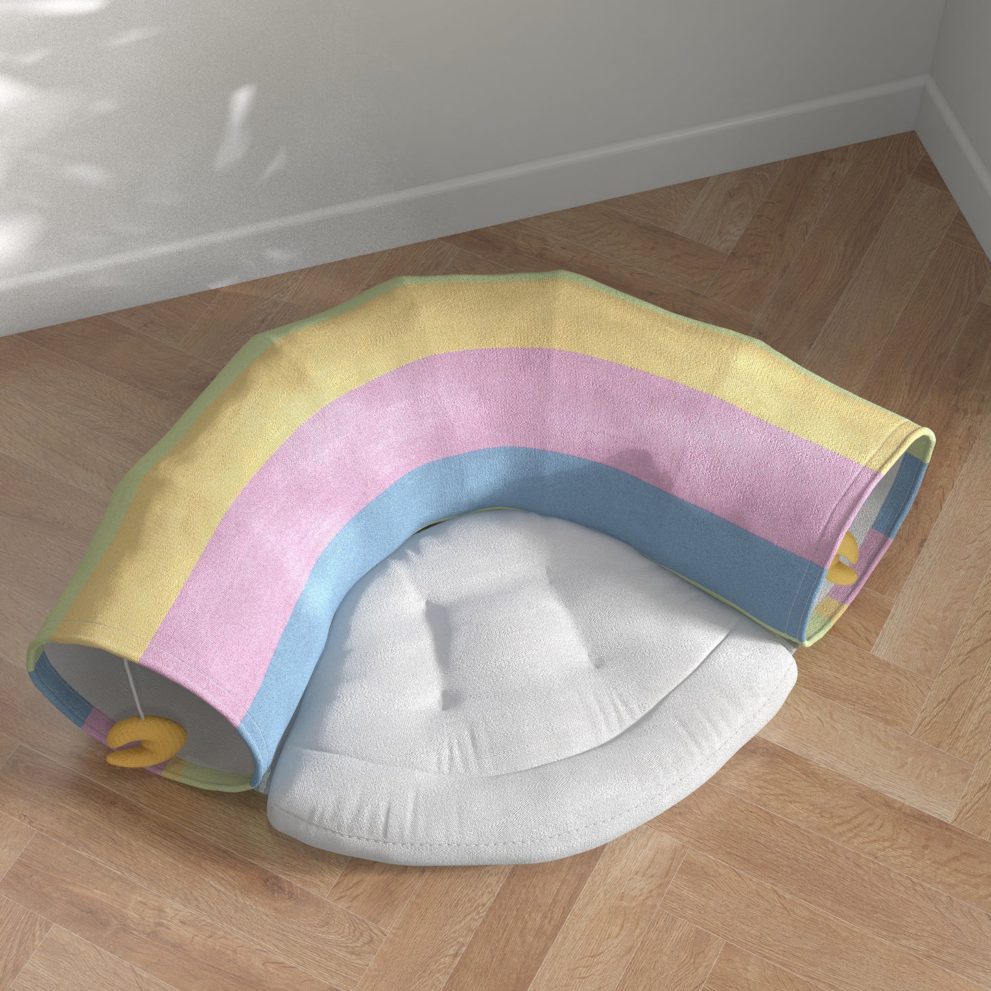 PawHut Katzentunnel Katzenspielzeug, 2 Spielzeuge, 1 Liegepolster, verspieltes Design, 105 cm x 65 cm x 28 cm, Mehrfarbig