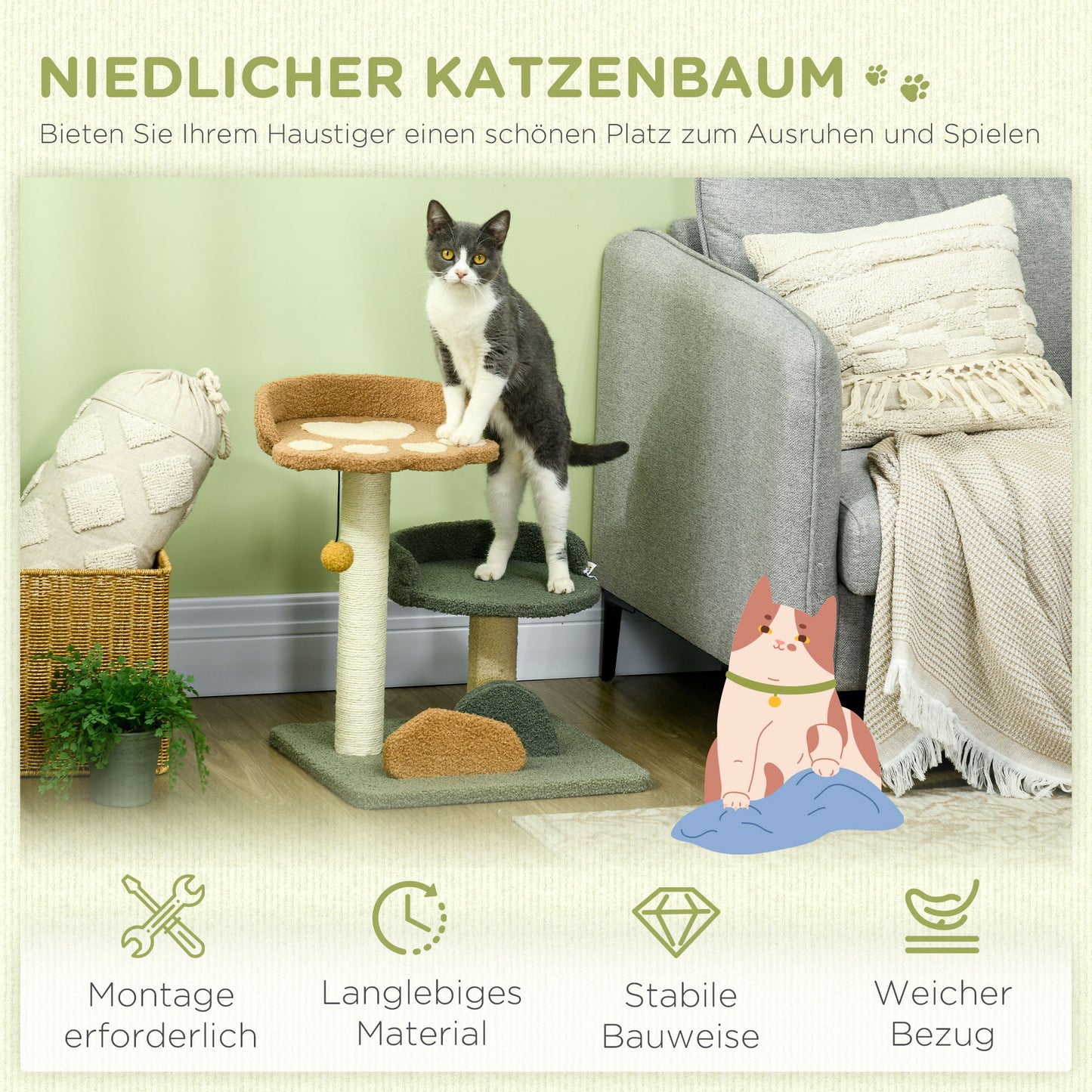 PawHut Kleiner Kratzbaum mit 2 Liegeflächen, inkl. Spielzeug, für kleine Katzen, Grün Beige+ Braun