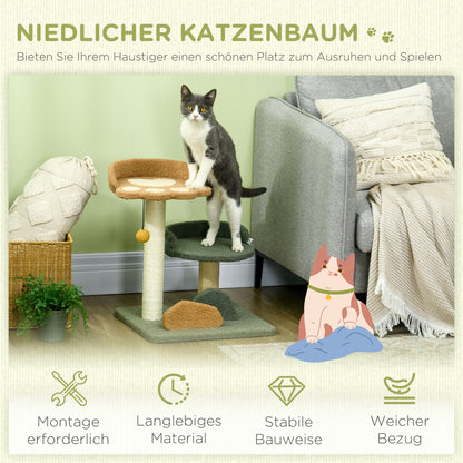PawHut Kleiner Kratzbaum mit 2 Liegeflächen, inkl. Spielzeug, für kleine Katzen, Grün Beige+ Braun