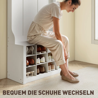 HOMCOM Garderobe mit Regal, Bank, Haken, Schuhfächern, Spanplatten, MDF, Weiß