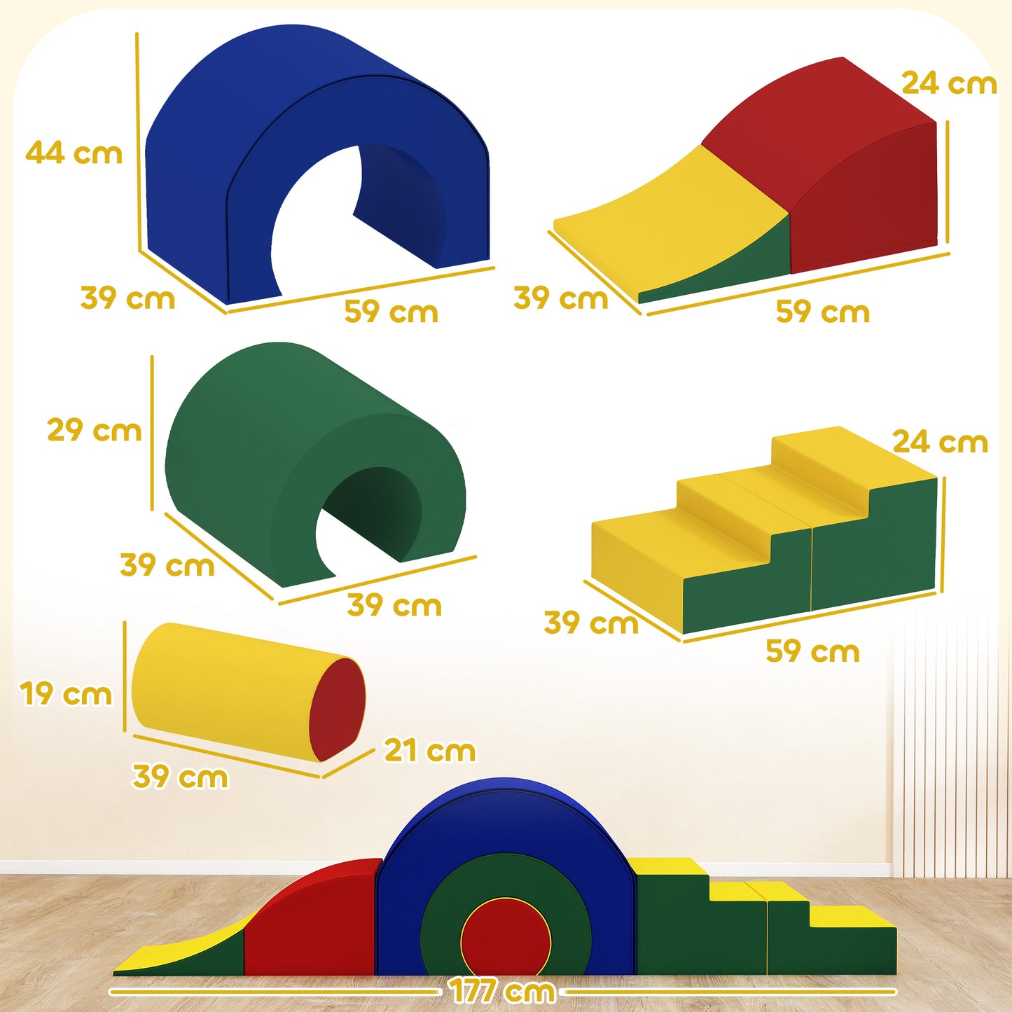 AIYAPLAY 5-teiliges Softbaustein-Set für Babys & Kleinkinder, Schaumstoff, Kunstleder, 5 kreative Formen, Indoor-Set zum Klettern, Krabbeln, Spielen, Bunt