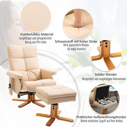 HOMCOM Relaxsessel Massagesessel mit Fußhocker Stauraum Liegefunktion Fernsehsessel mit Massagefunktion TV Sessel 145°-Neigung Polyester Cremeweiß 80 x 86 x 99 cm