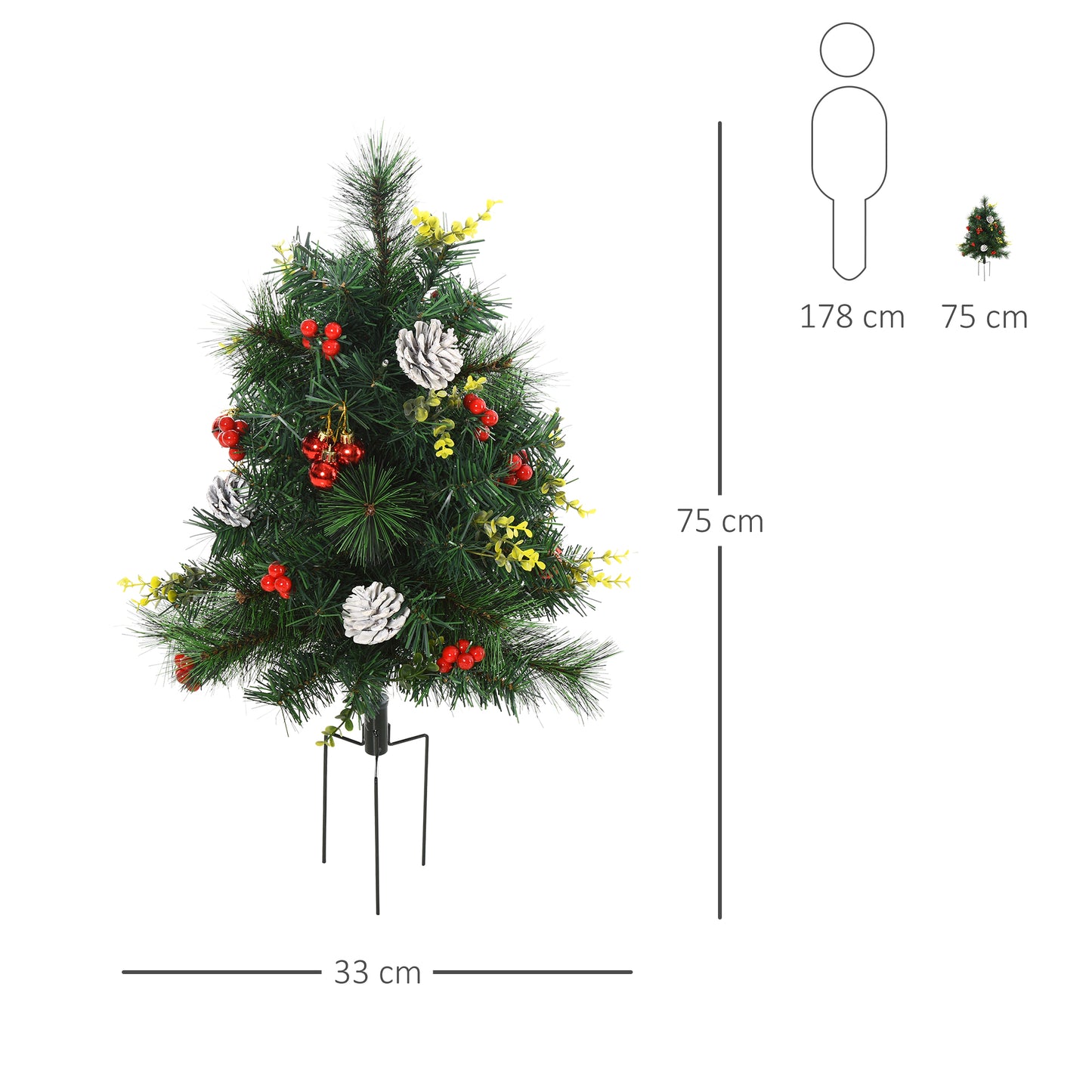 HOMCOM 2-er Set Weihnachtsbäume, Künstlicher Mini-Christbaum mit LED-Lichtern, Kunststoff, Metall, Ø33 x 75 cm, Grün