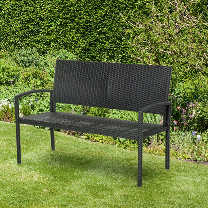 Outsunny Gartenbank, in Rattanoptik, mit Stahlrahmen, für 2 Personen, Schwarz, 122 x 60 x 85cm