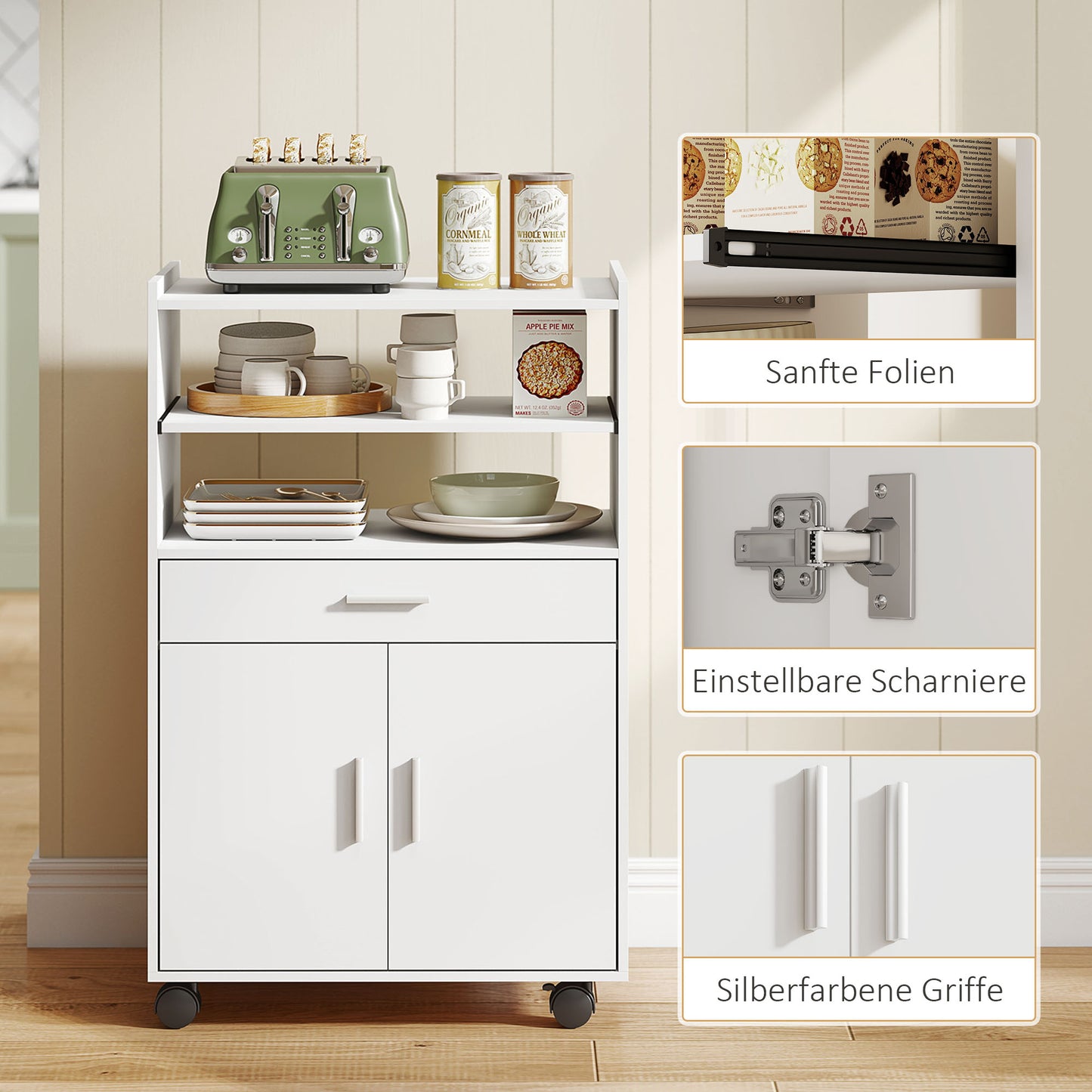 HOMCOM Mikrowellenschrank, Regal, Doppeltürschrank, Schublade, Rollen, Weiß