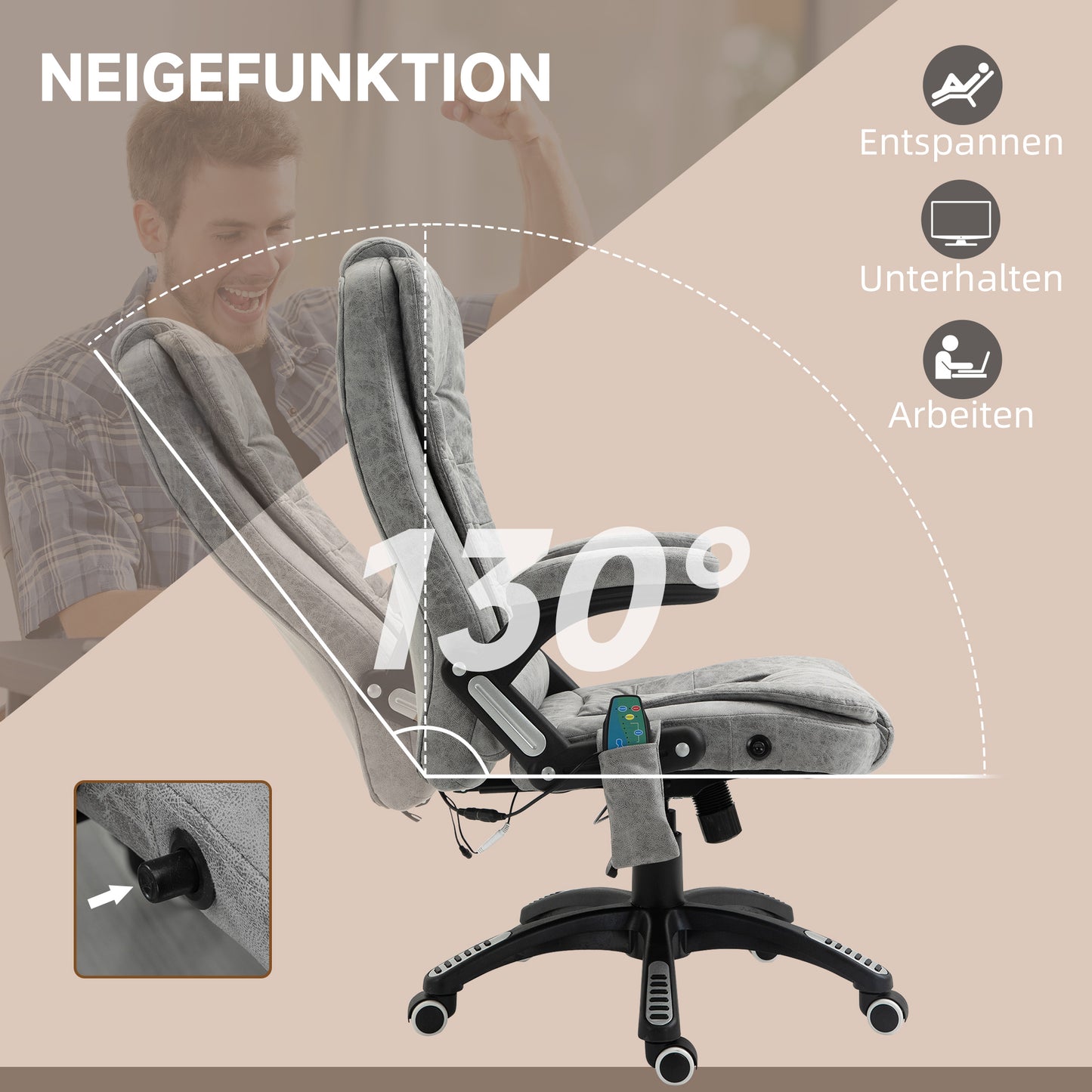 Vinsetto Chefsessel mit Massage- & Wärmefunktion, ergonomisch, verstellbar, bis 120kg, Grau