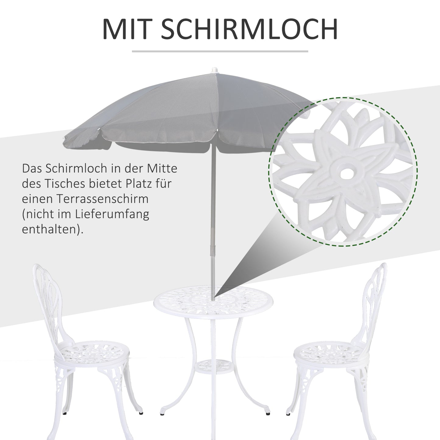 Outsunny Sitzgruppe für 2 Personen Essgruppe Gartenmöbel-Set 1 Tisch+2 Stühle mit Schirmloch Aluminium Weiß