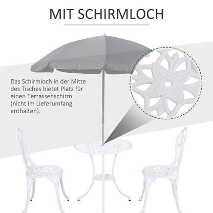 Outsunny Sitzgruppe für 2 Personen Essgruppe Gartenmöbel-Set 1 Tisch+2 Stühle mit Schirmloch Aluminium Weiß