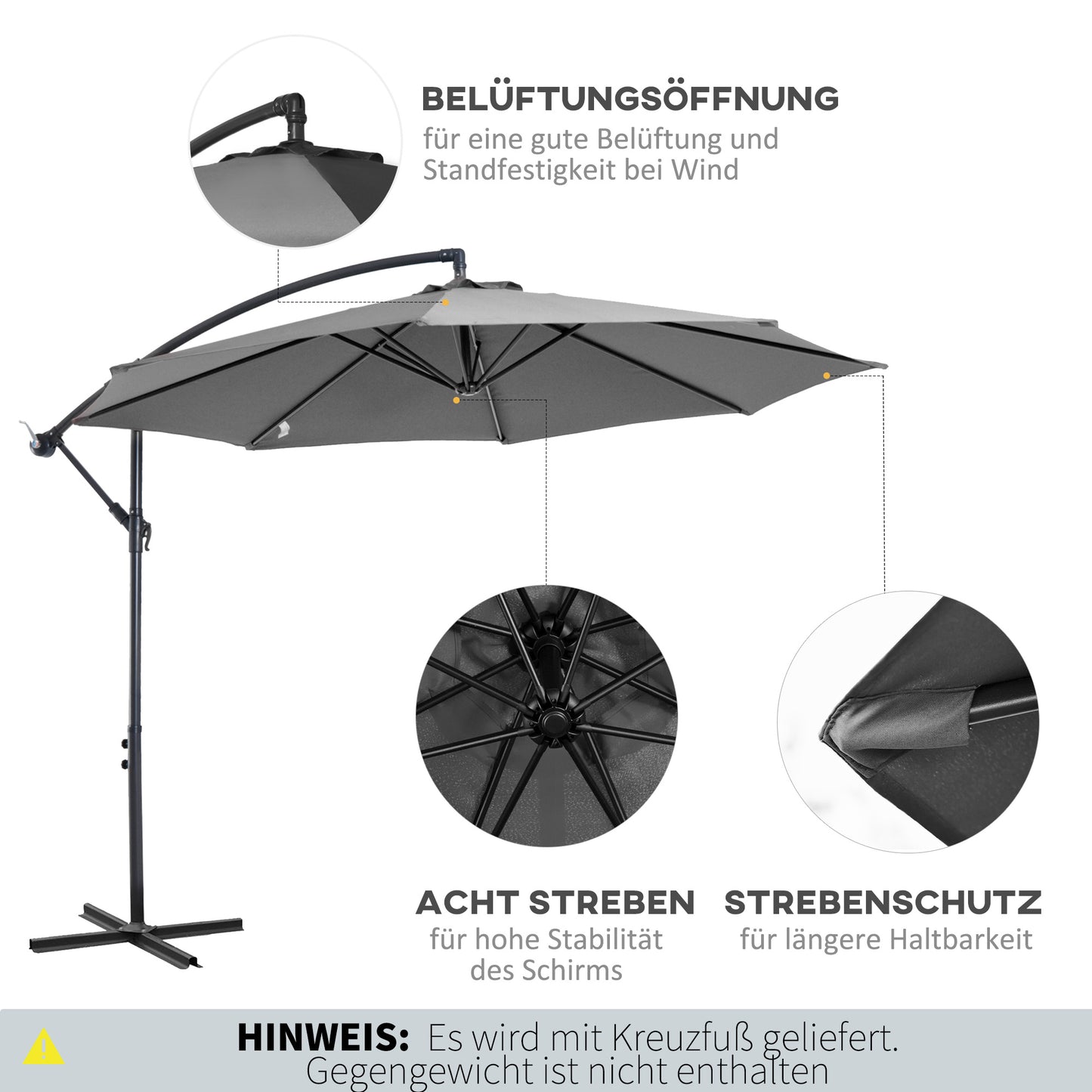 Outsunny Sonnenschirm mit Handkurbel Wetterbeständig 2,95 mx 2,95 mx 2,45 m Polyester Stahl Schwarz