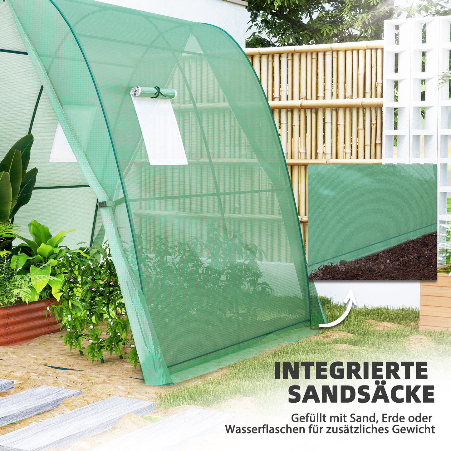 Outsunny Bogen-Gewächshaus mit Sandsäcken und Kunststoff-Abdeckung, 2 Rolltüren, Netzfenster, tragbar, 1,8 x 1,8 x 2 m, Grün
