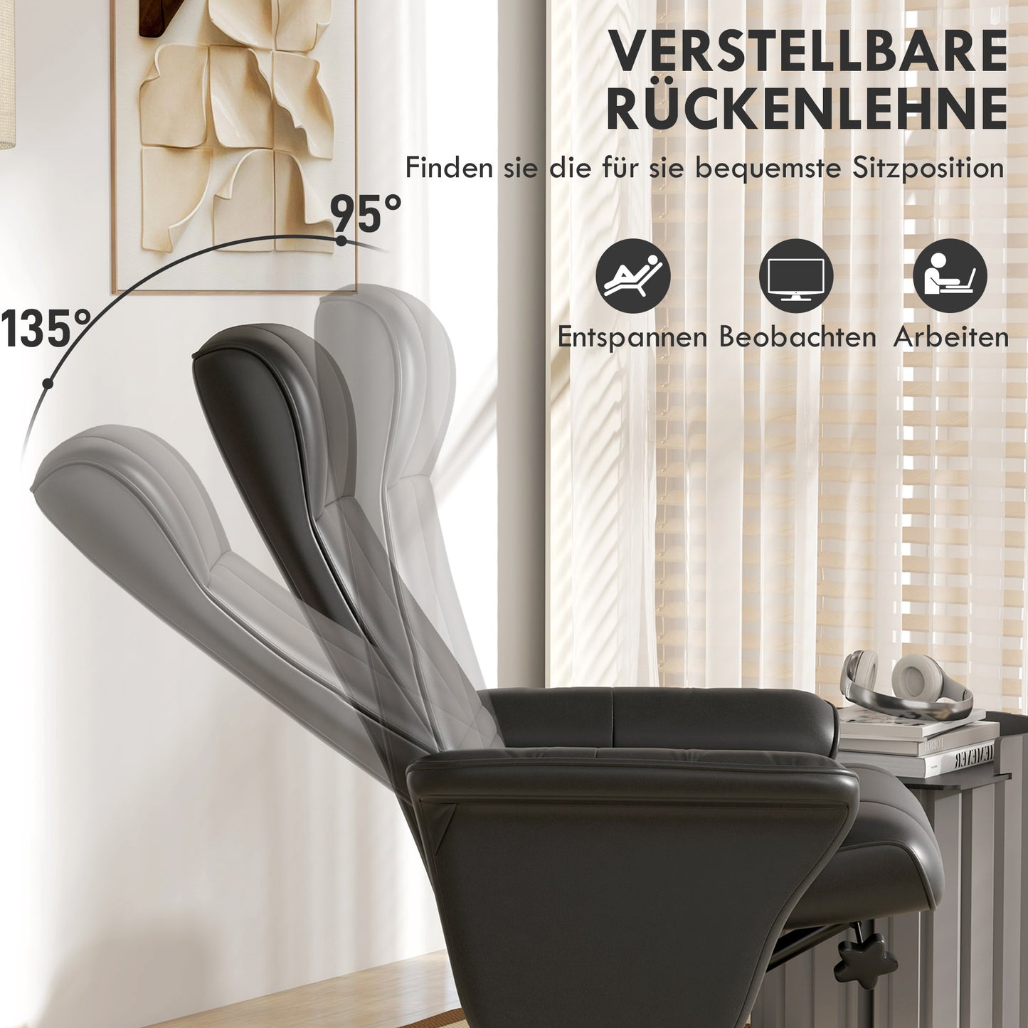 HOMCOM Polstersessel, Akzentsessel mit Hocker, drehbar, ergonomisch, Mikrofasertuchoptik, bis 150 kg, Schwarz