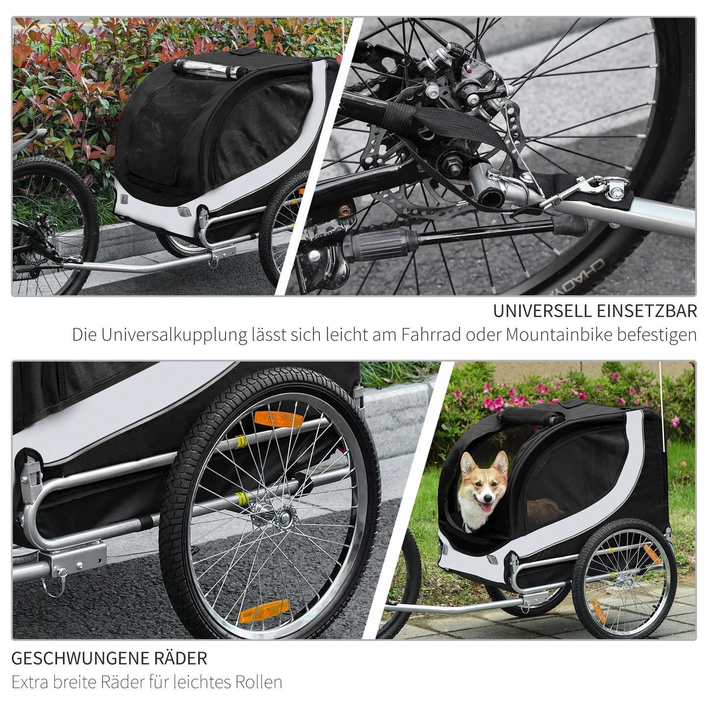 PawHut Fahrradanhänger Hundeanhänger bis 20kg Netzfenster, aufrollbare Abdeckung, Universalkupplung Weiß+Schwarz
