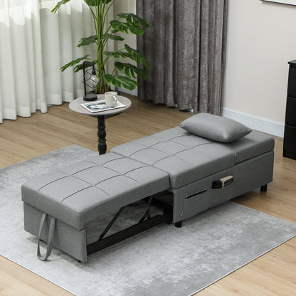 HOMCOM 3-in-1 Klappsessel mit Seitentasche, Gästebett mit Kissen, Verstellbarer Rückenlehne, Bettsessel mit Rollen, Hellgrau