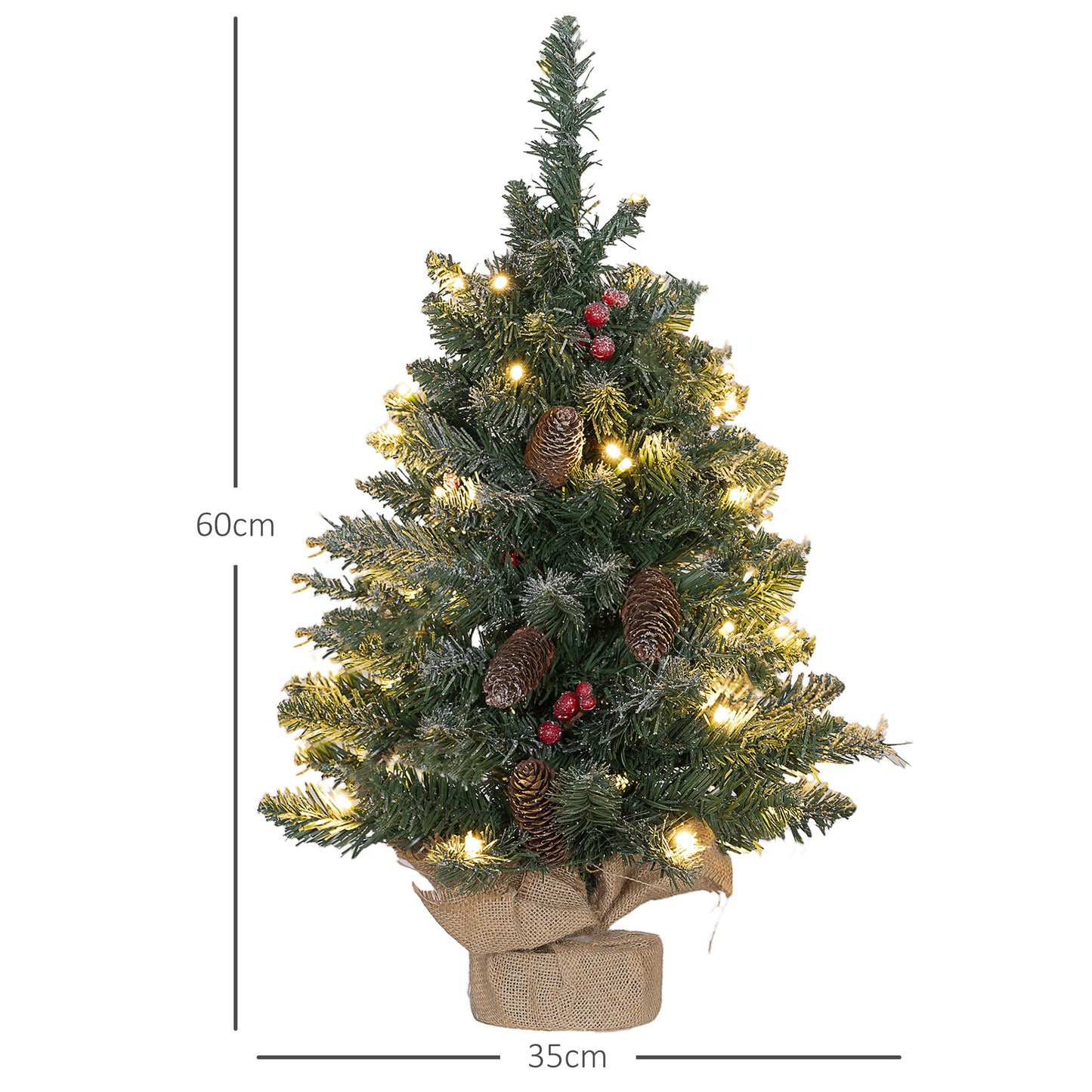 HOMCOM Weihnachtsbaum mit LED-Beleuchtung, 60 cm, Tannenzapfen und rote Beeren, inkl. Ständer, Grün/Weiß