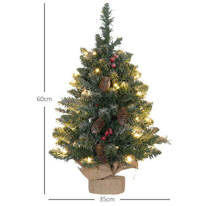 HOMCOM Weihnachtsbaum mit LED-Beleuchtung, 60 cm, Tannenzapfen und rote Beeren, inkl. Ständer, Grün/Weiß