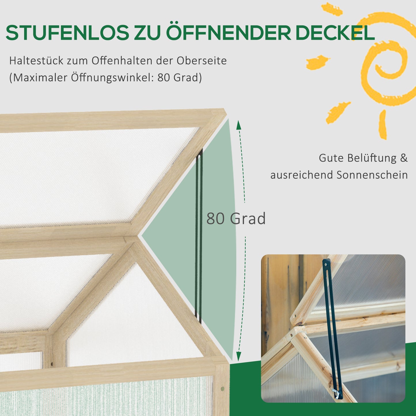Outsunny Mini-Gewächshaus, Kompaktes Pflanzenhaus aus Holz, Polycarbonat-Platten, Belüftungsöffnung, 90L x 52B x 49,5H cm, Natur