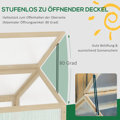 Outsunny Mini-Gewächshaus, Kompaktes Pflanzenhaus aus Holz, Polycarbonat-Platten, Belüftungsöffnung, 90L x 52B x 49,5H cm, Natur