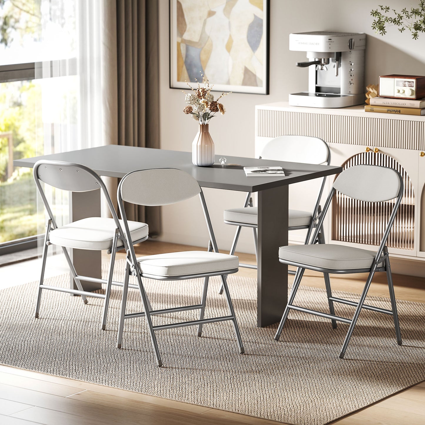 HOMCOM 4er-Set gepolsterte Klappstühle, Faltbare Stühle mit Cordbezug, Rückenlehne, Metallrahmen, Cremeweiß