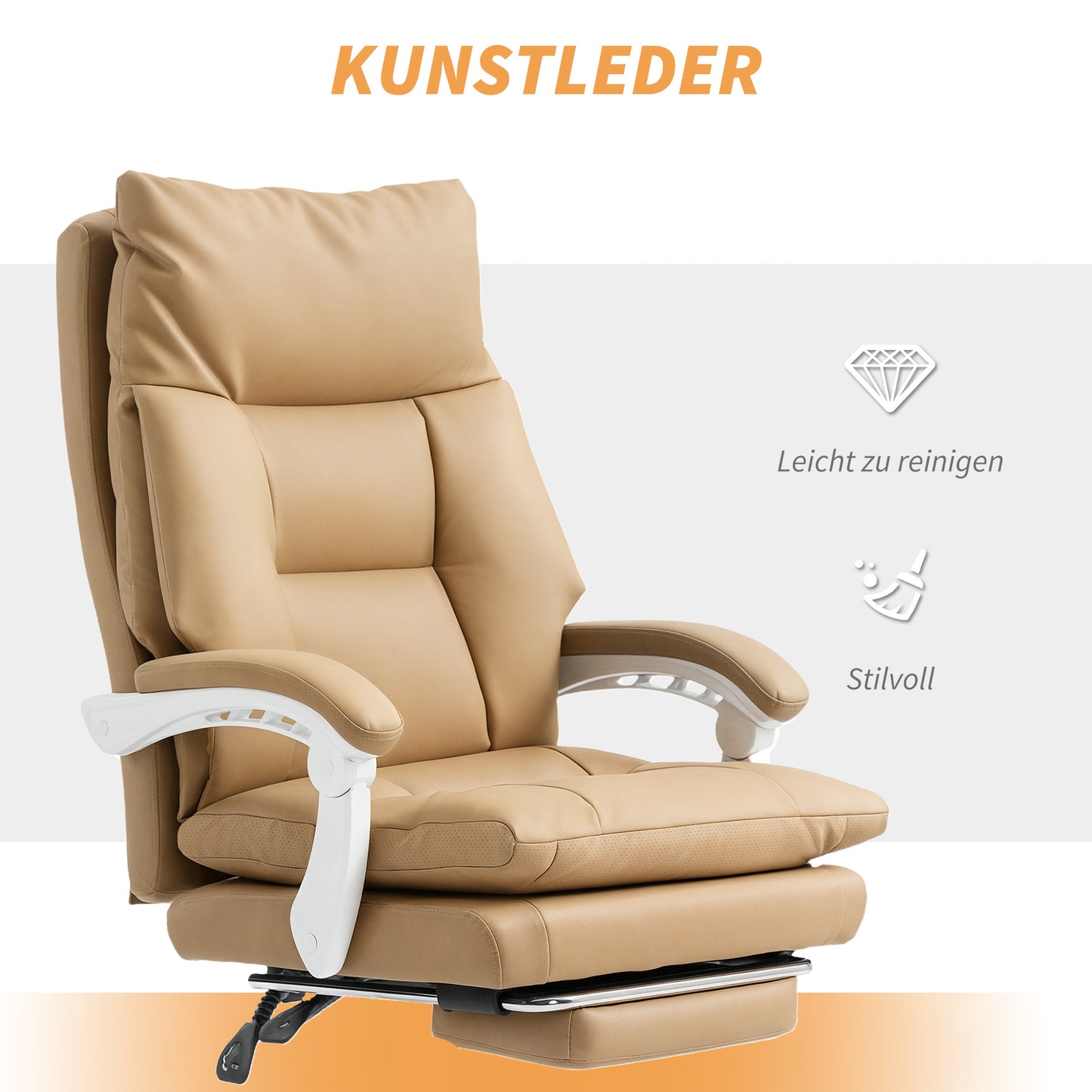 HOMCOM Bürostuhl Ergonomischer Schreibtischstuhl mit Lendenwirbelstütze, Klappbar Armlehne, Fußstütze Hellbraun