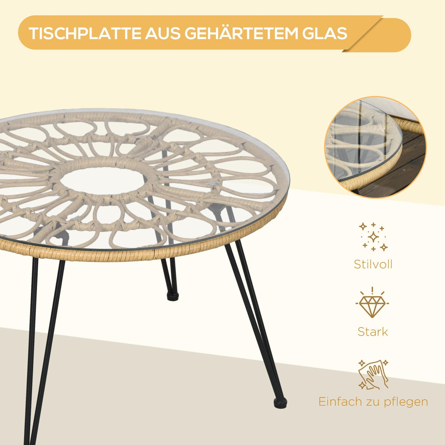 Outsunny 5-teilige Gartensitzgruppe, Boho-Stil, 1 Esstisch & 4 Stühle, Auflagen, Polyrattan, Beige/Natur